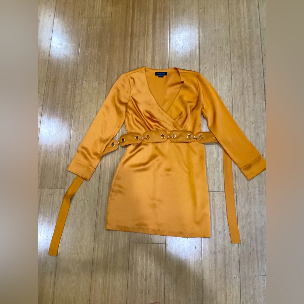 WOMENS, Orange colored, V cut and folded waist line top, long sleeved, and XS